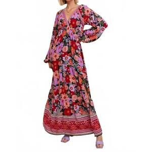 NEW IN-LOOM women's border print tiered maxi dress in black multi